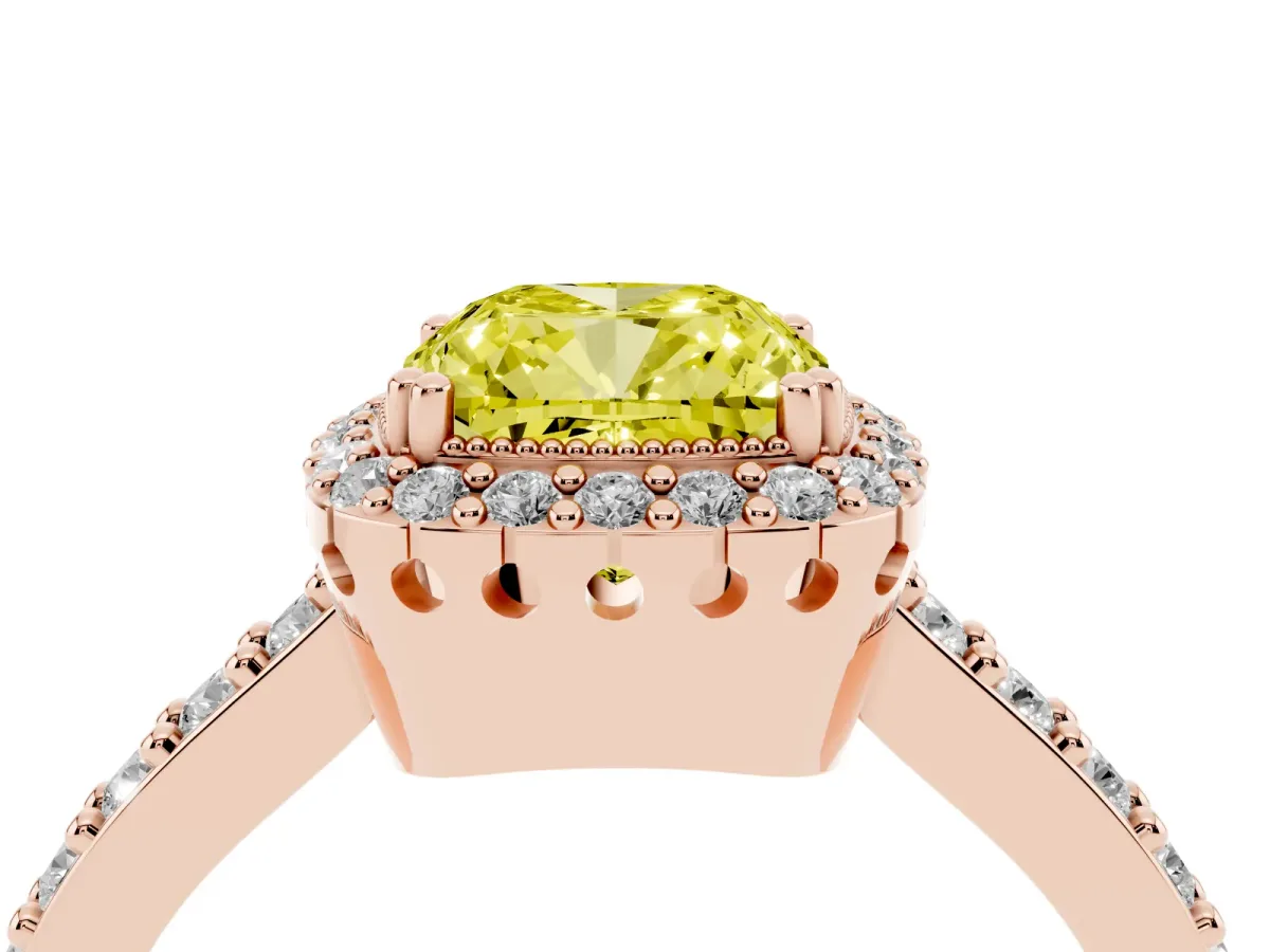 Fancy Yellow Cushion Cut Cut Diamond Halo Engagement Ring with Milgrain Detail and Pavé Band Rose gold