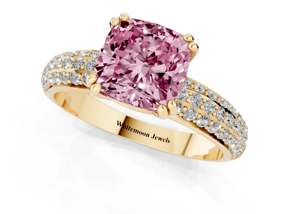 Fancy Pink Cushion Cut Diamond Solitaire Ring with Multi-Row Round Pavé Band and Prong Setting Yellow gold