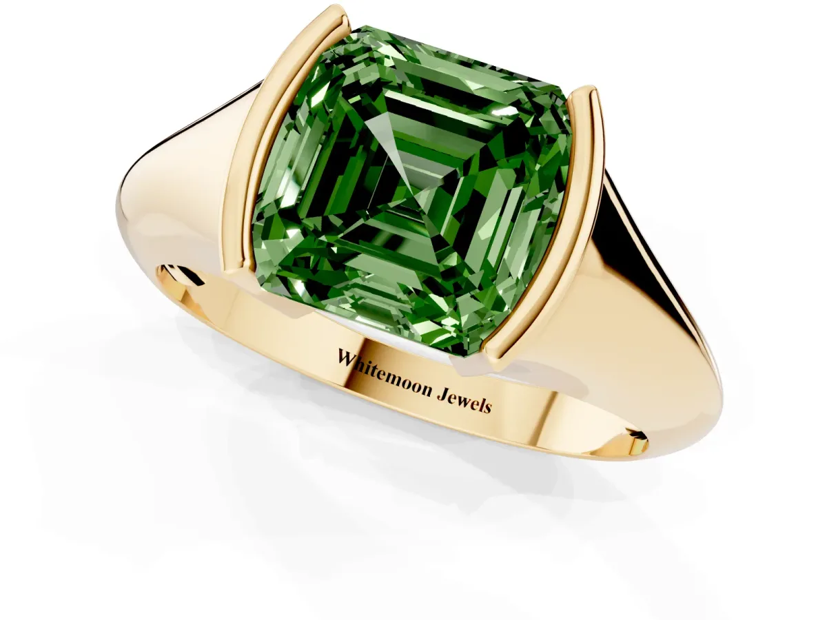 Fancy Green Asscher Cut Solitaire Tension Set Diamond Ring Yellow gold