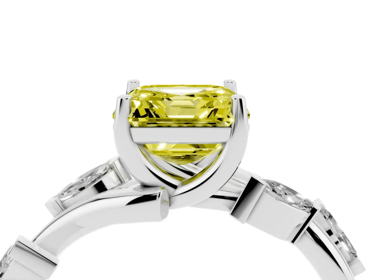 Fancy Yellow Asscher Cut Solitaire Twisted Band Marquise Accent Prong Setting Ring Platinum