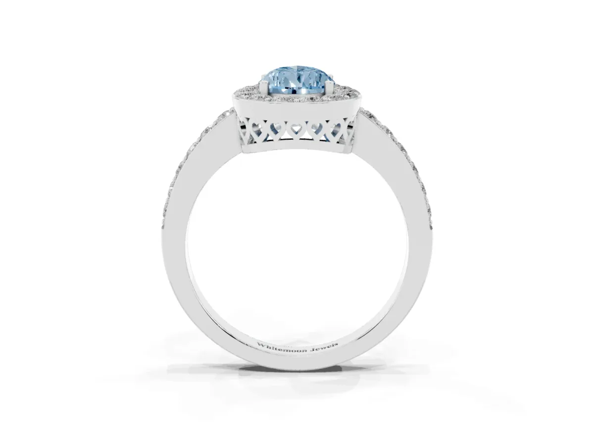 Fancy Blue Pear Cut Halo Diamond Pavé Band Ring with Prong Setting Platinum