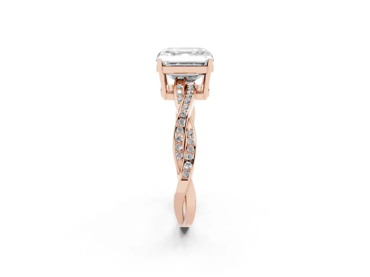Asscher Cut Solitaire Twisted Pave Diamond Ring with Four-Prong Setting Rose gold