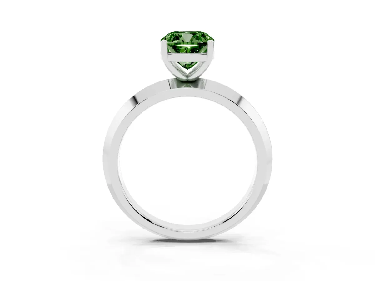 Fancy Green Cushion Cut Cut Solitaire Engagement Ring with Flat Band and Four-Prong Setting Silver