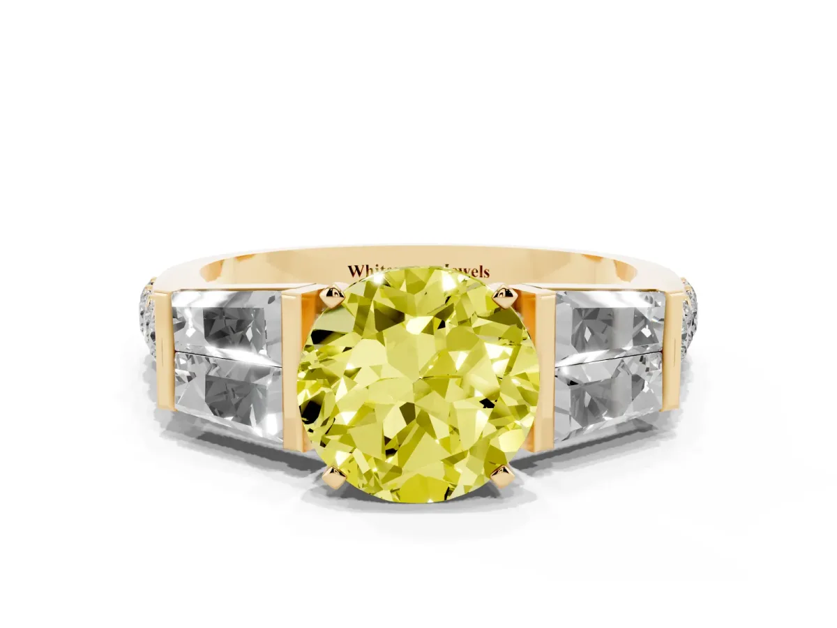 Fancy Yellow Round Cut Diamond Engagement Ring with Baguette Side Stones and Channel Set Band Yellow gold