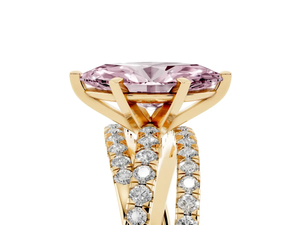 Fancy Pink Marquise Cut Solitaire Twist Band with Pavé Setting and Four-Prong Setting Yellow gold