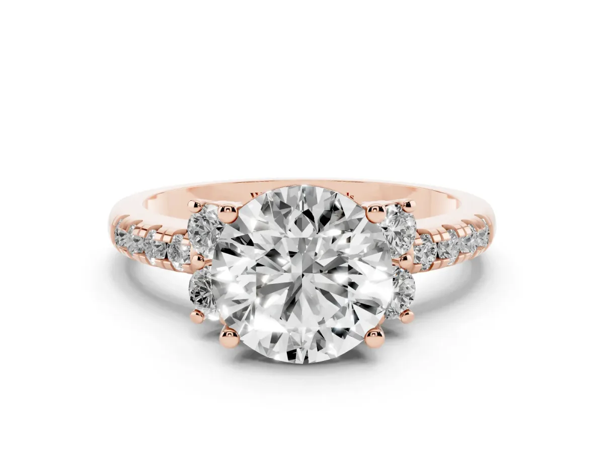 Round Cut Diamond Three-Stone Pave Band with Four-Prong Setting Rose gold