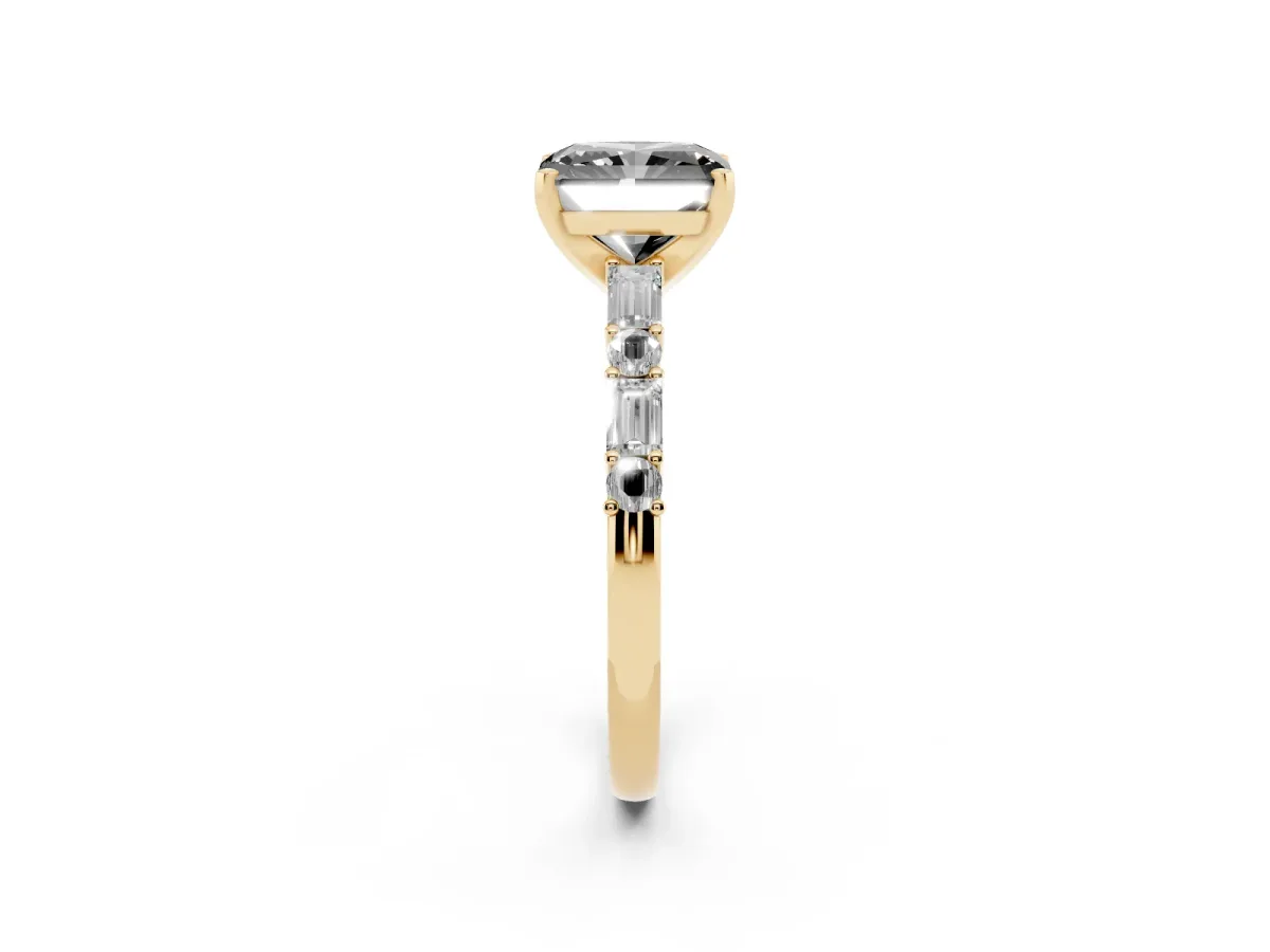 Fancy Black Radiant Cut Diamond Solitaire with Side Baguettes and Channel Set Band Yellow gold