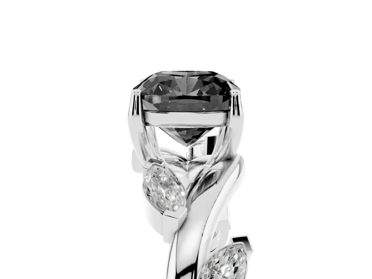 Fancy Black Cushion Cut Solitaire Twisted Band Marquise Accent Prong Setting Ring Platinum