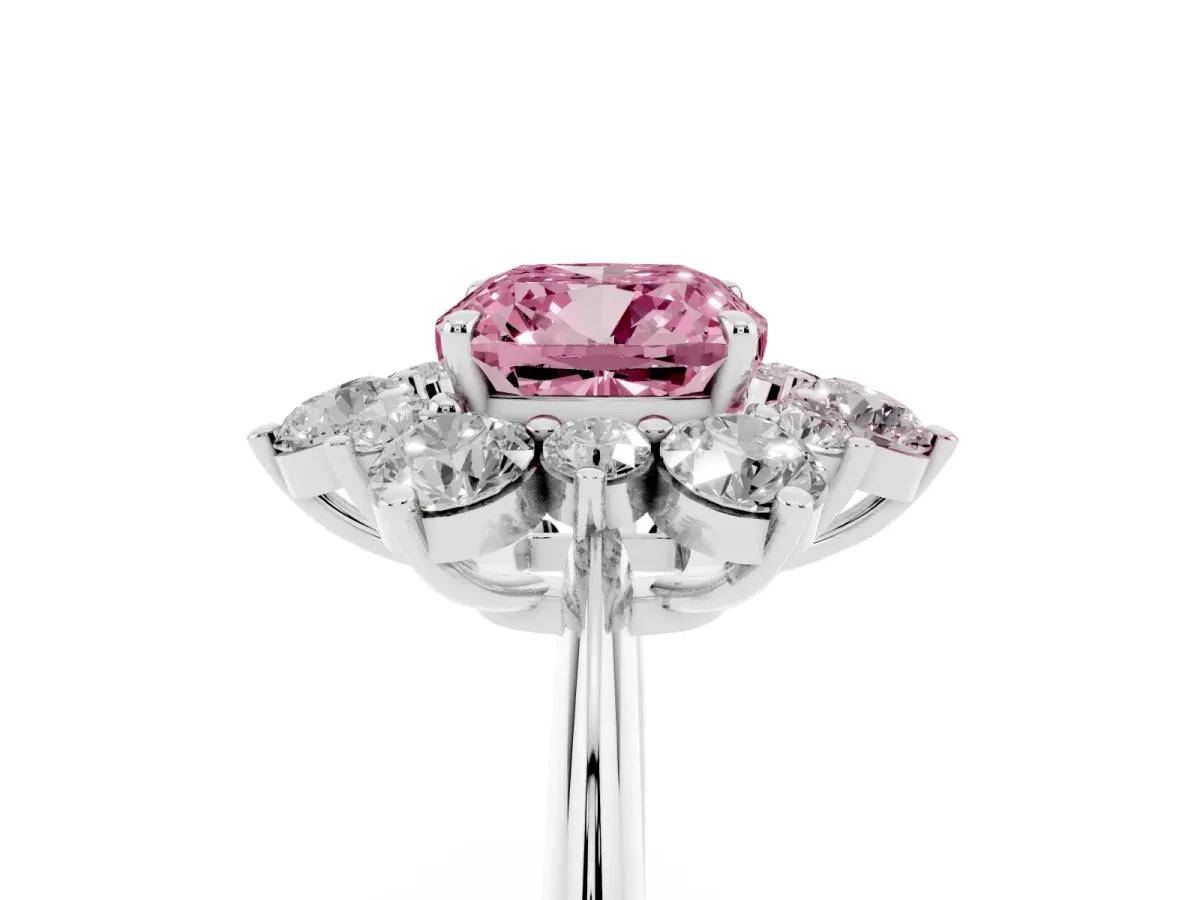 Fancy Pink Cushion Cut Diamond Cluster Halo Ring with Solitaire Band and Four-Prong Setting Silver