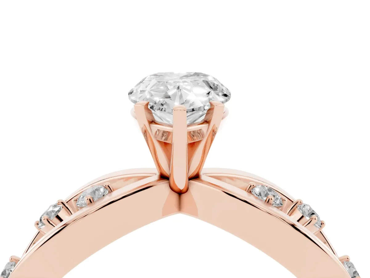 Pear Cut Cut Solitaire Diamond with Side Stones on Criss-Cross Band and Four-Prong Setting Rose gold