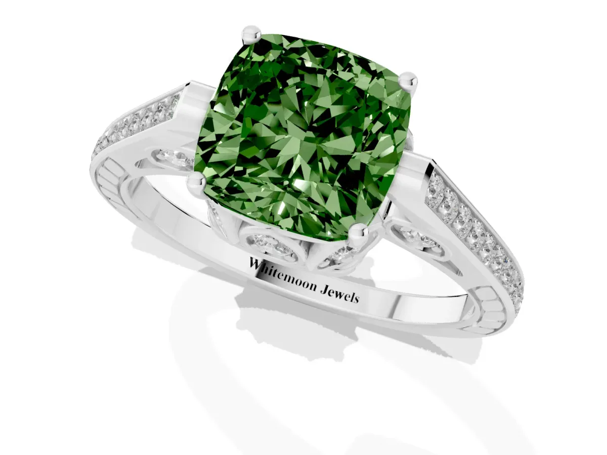 Fancy Green Cushion Cut Cut Cathedral Pave Diamond Engagement Ring with Six-Prong Setting Silver