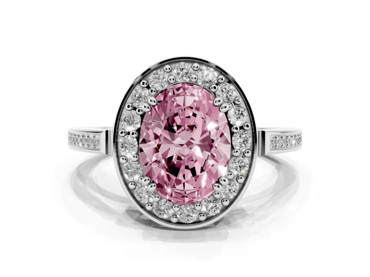 Fancy Pink Oval Cut Diamond Halo Ring with Split Shank and Four-Prong Setting Platinum