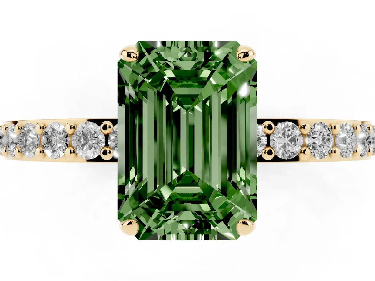 Fancy Green Emerald Cut Diamond Solitaire Engagement Ring with Pavé Band and Four-Prong Setting Yellow gold