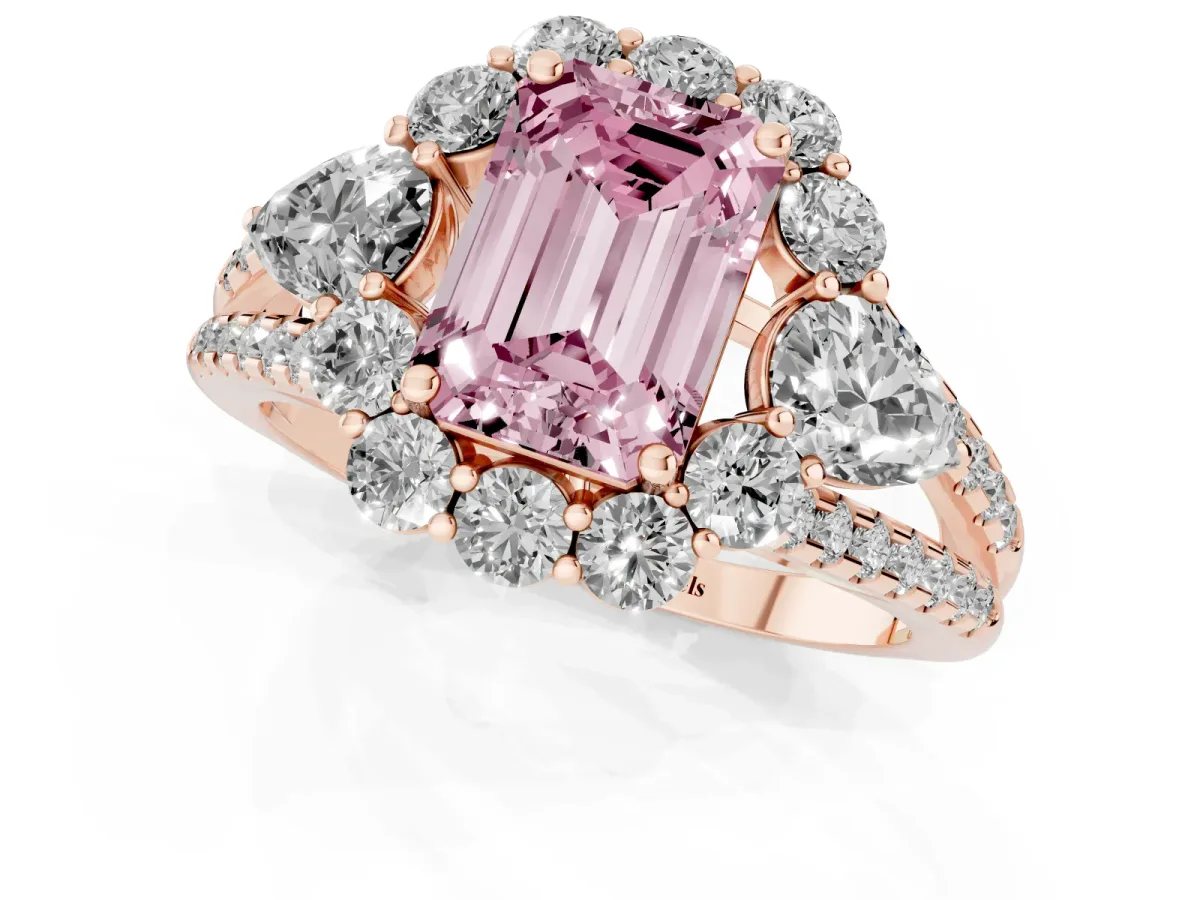 Fancy Pink Emerald Cut Halo Split Shank Diamond Engagement Ring with Prong Setting Rose gold