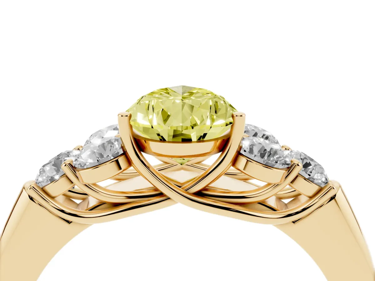 Fancy Yellow Pear Cut Cut Diamond Cluster Ring with Round Accent Stones and Prong Setting on a Classic Band Yellow gold
