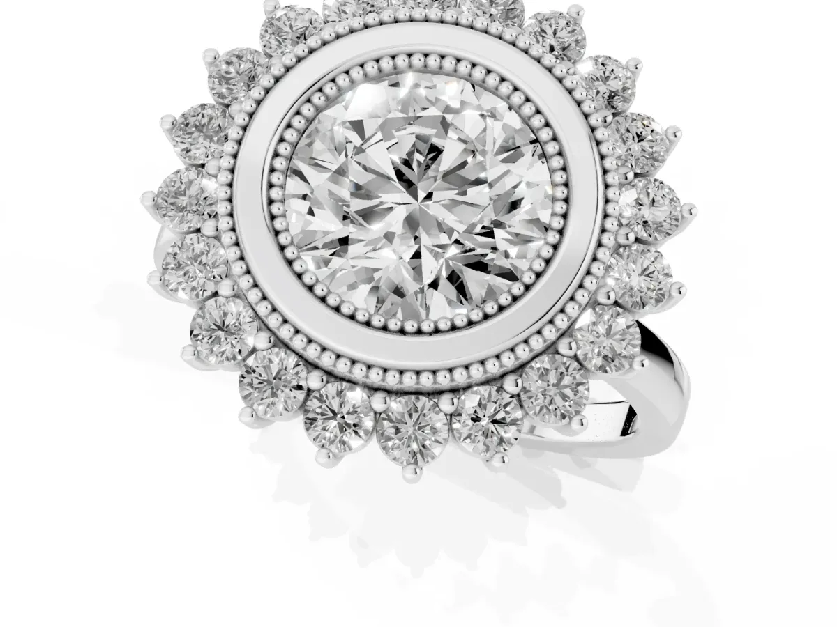 Round Cut Halo Diamond Ring with Milgrain Edge and Round Prong Setting Silver