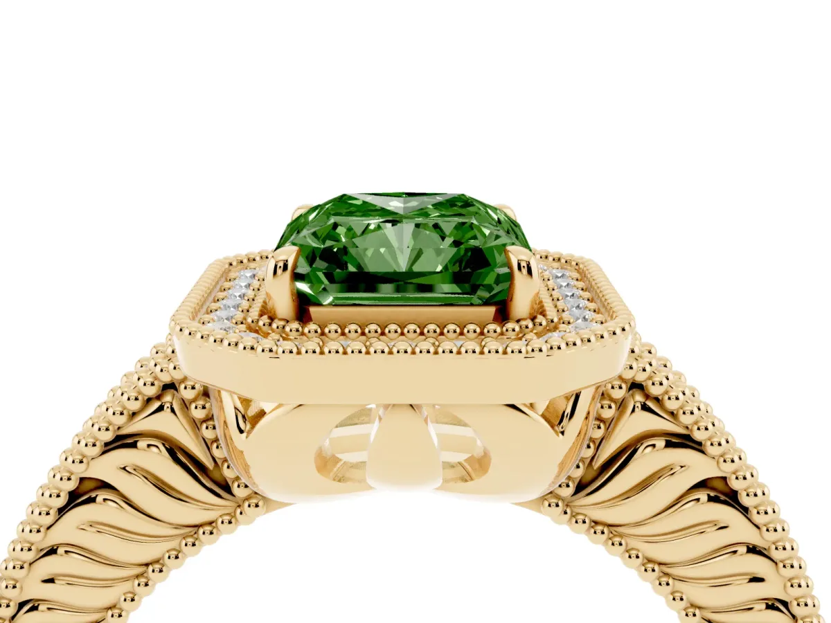 Fancy Green Radiant Cut Cut Halo Diamond Ring with Pavé Band and Four-Prong Setting Yellow gold