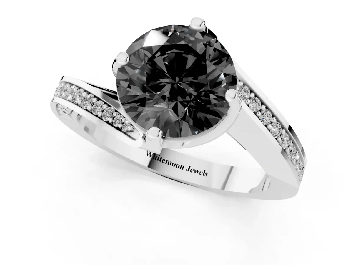 Fancy Black Round Cut Solitaire Diamond Twist Band with Pavé Setting and Four-Prong Setting Silver