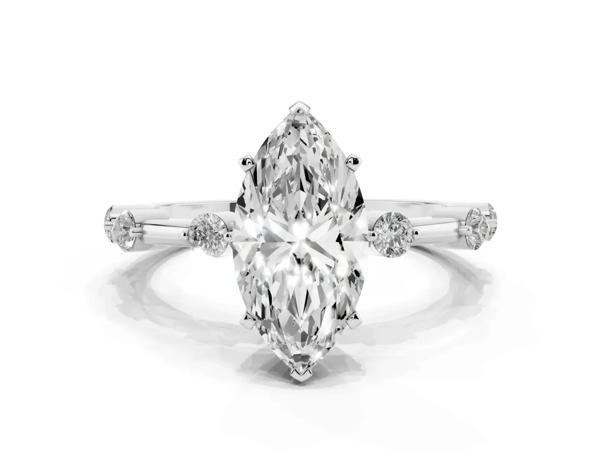 Marquise Cut Solitaire Diamond Ring with Bezel Set Side Stones and Prong Setting Silver