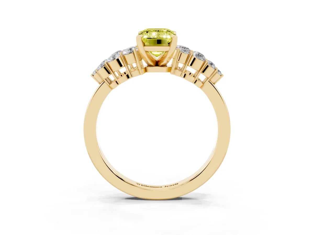 Fancy Yellow Emerald Cut Cluster Diamond Engagement Ring with Pavé Band and Four-Prong Setting Yellow gold