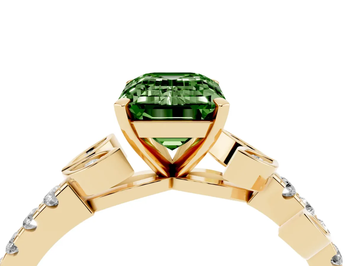 Fancy Green Emerald Cut Solitaire Leaf-Inspired Diamond Ring with Pavé Band and Four-Prong Setting Yellow gold