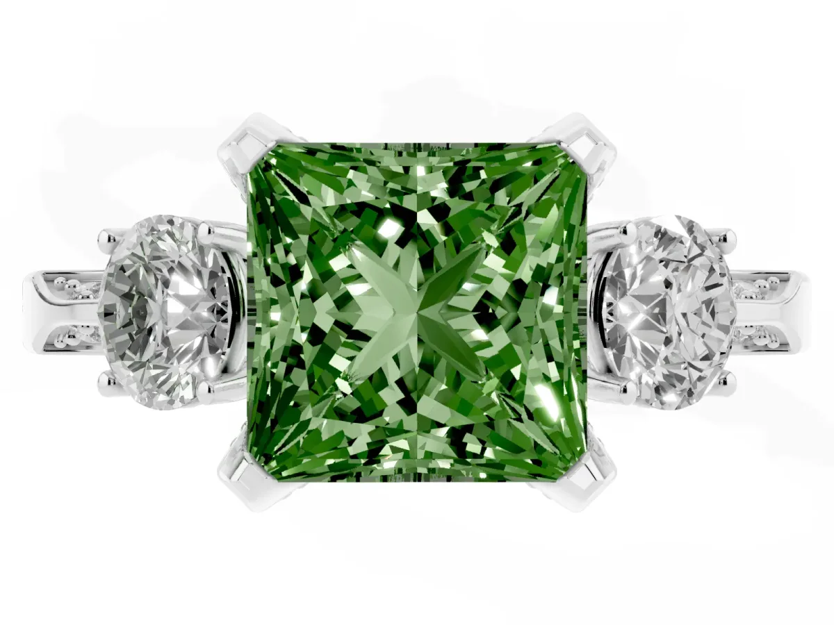 Fancy Green Princess Cut Brilliant Three-Stone Diamond Ring with Pavé Band and Four-Prong Setting Silver