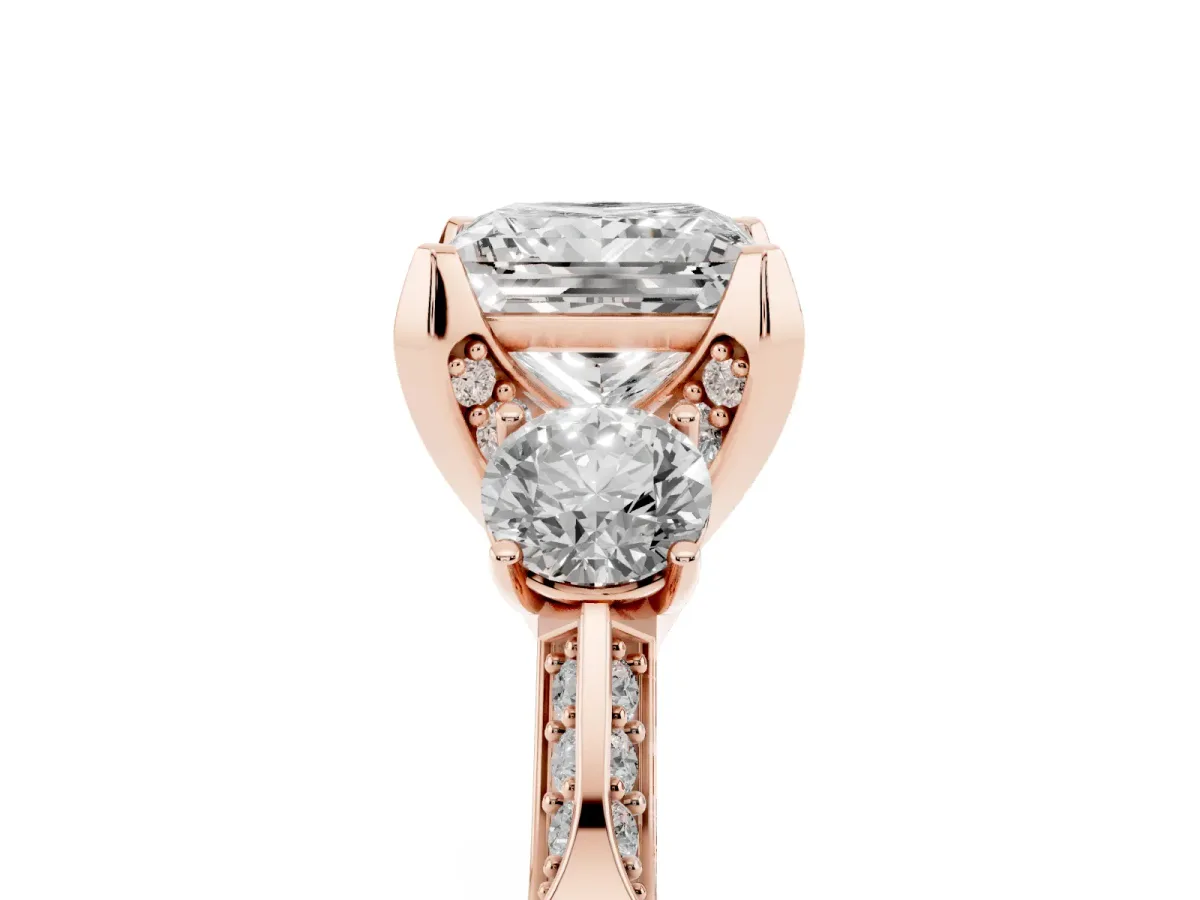 Princess Cut Brilliant Three-Stone Diamond Ring with Pavé Band and Four-Prong Setting Rose gold