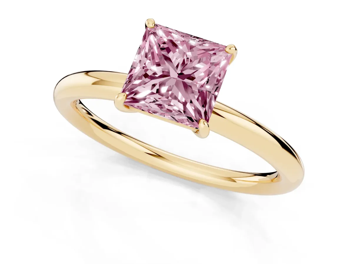 Fancy Pink Princess Cut Solitaire Diamond Ring with Four-Prong Setting on a Plain Band Yellow gold