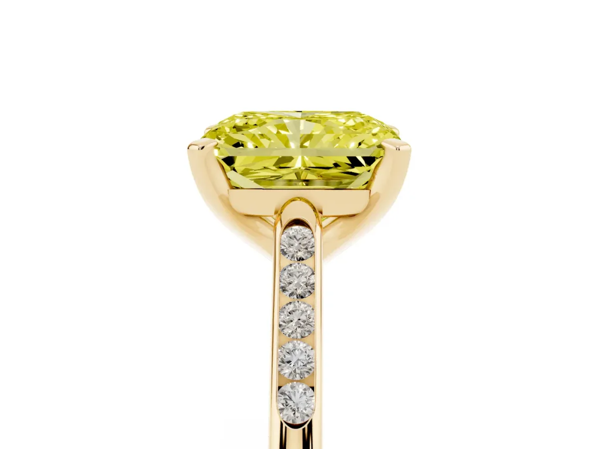Fancy Yellow Radiant Cut Diamond Solitaire Ring with Channel Set Round Band and Prong Setting Yellow gold