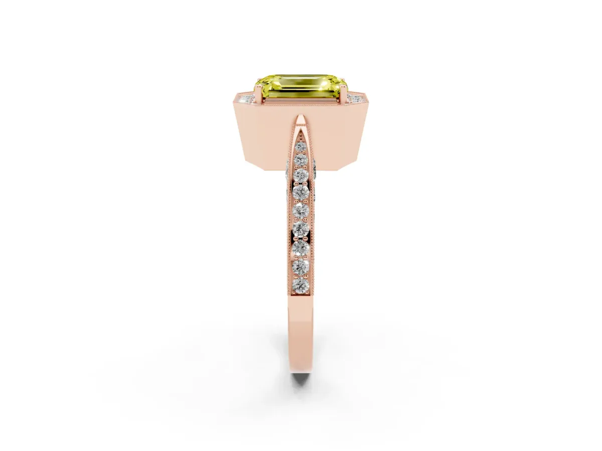 Fancy Yellow Emerald Cut Halo Diamond Engagement Ring with Split Shank Band and Four-Prong Setting Rose gold