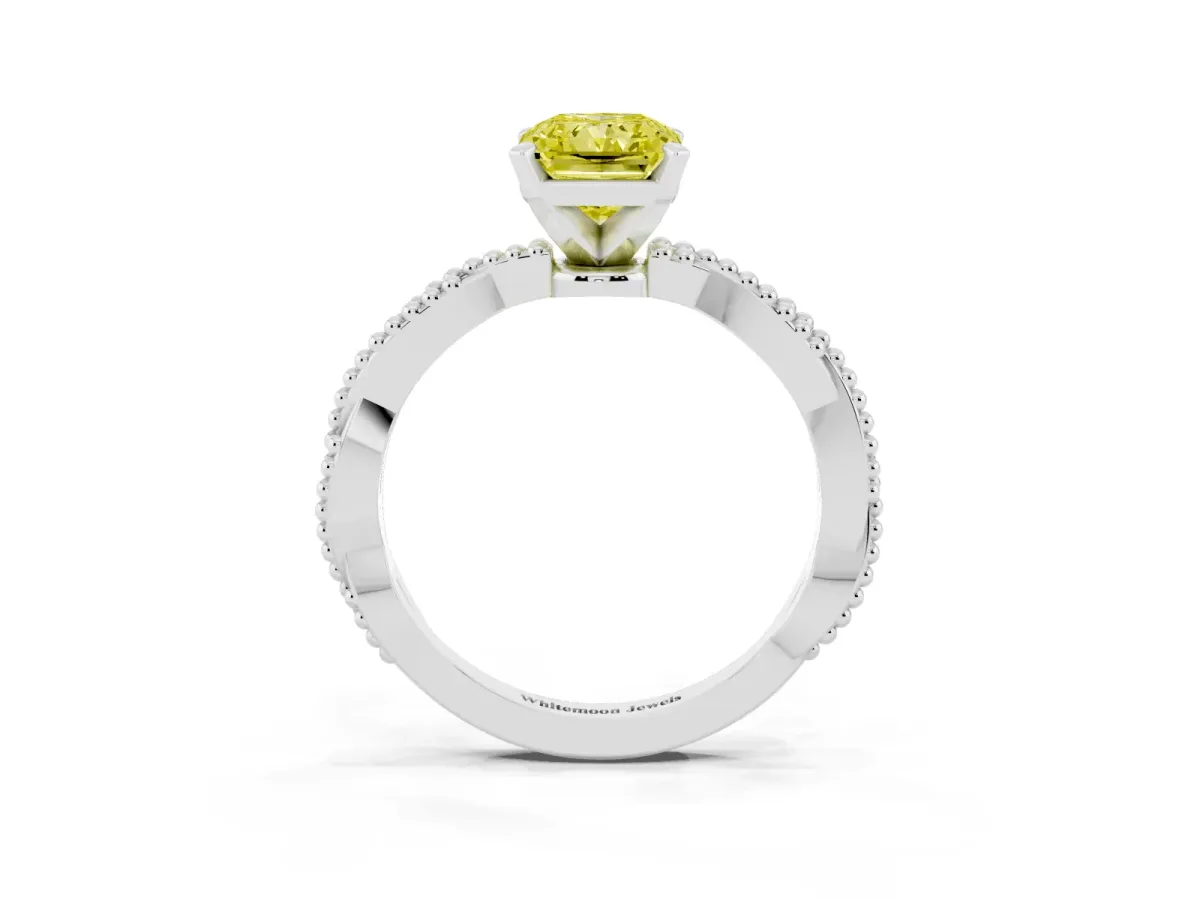Fancy Yellow Radiant Cut Solitaire Twisted Band with Bead Prong Setting Silver