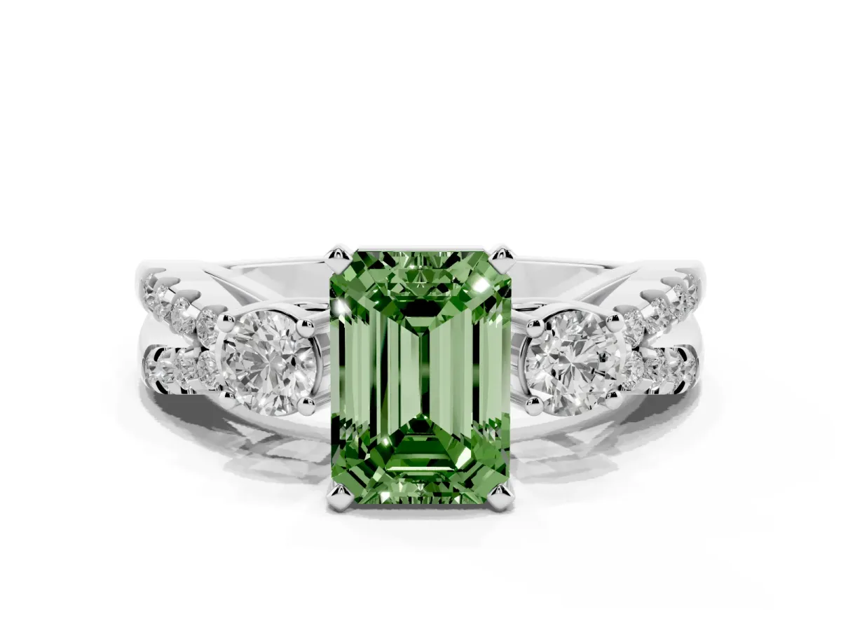 Fancy Green Emerald Cut Diamond Three-Stone Ring with Pavé Split Shank and Four-Prong Setting Silver