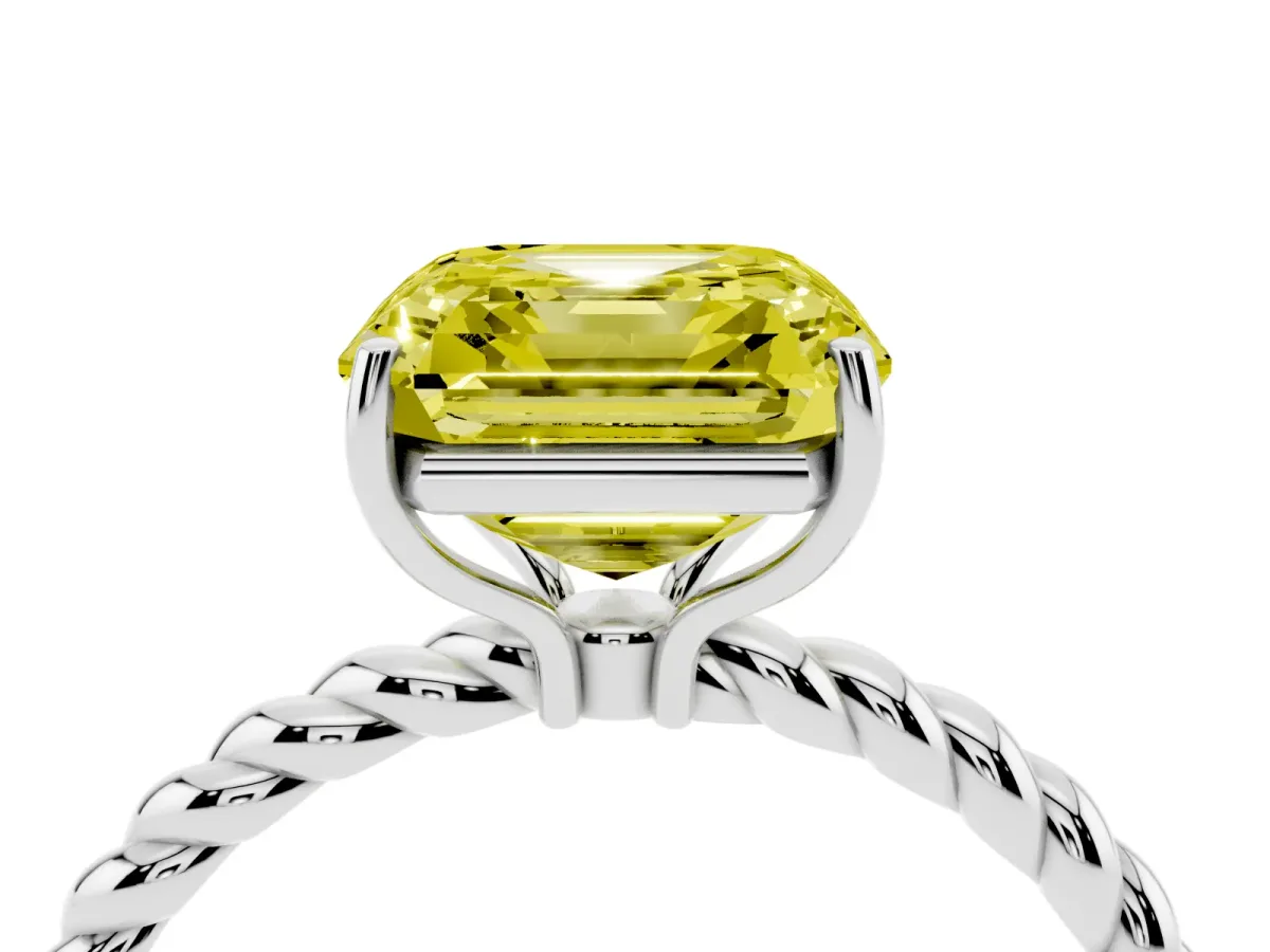 Fancy Yellow Asscher Cut Solitaire Twisted Band 4-Prong Ring White gold