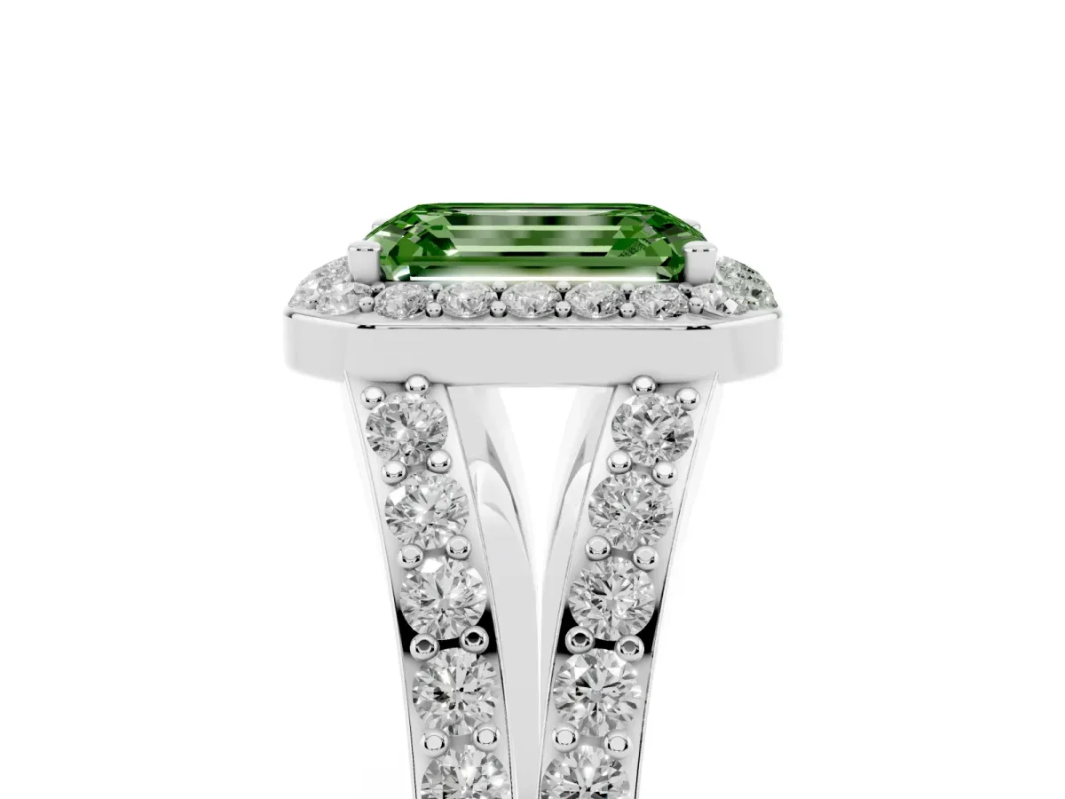 Fancy Green Emerald Cut Diamond Split Shank Halo Ring with Four-Prong Setting Platinum