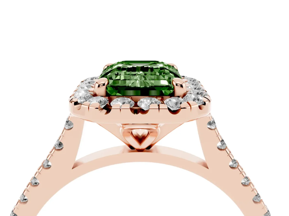 Fancy Green Emerald Cut Diamond Cushion Halo Ring with Pavé Band Rose gold