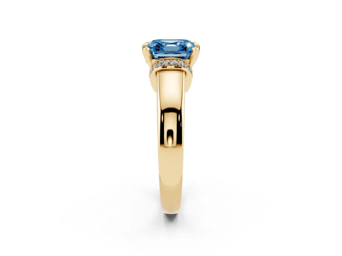Fancy Blue Asscher Cut Solitaire Diamond Ring with Pave Band and Six-Prong Setting Yellow gold
