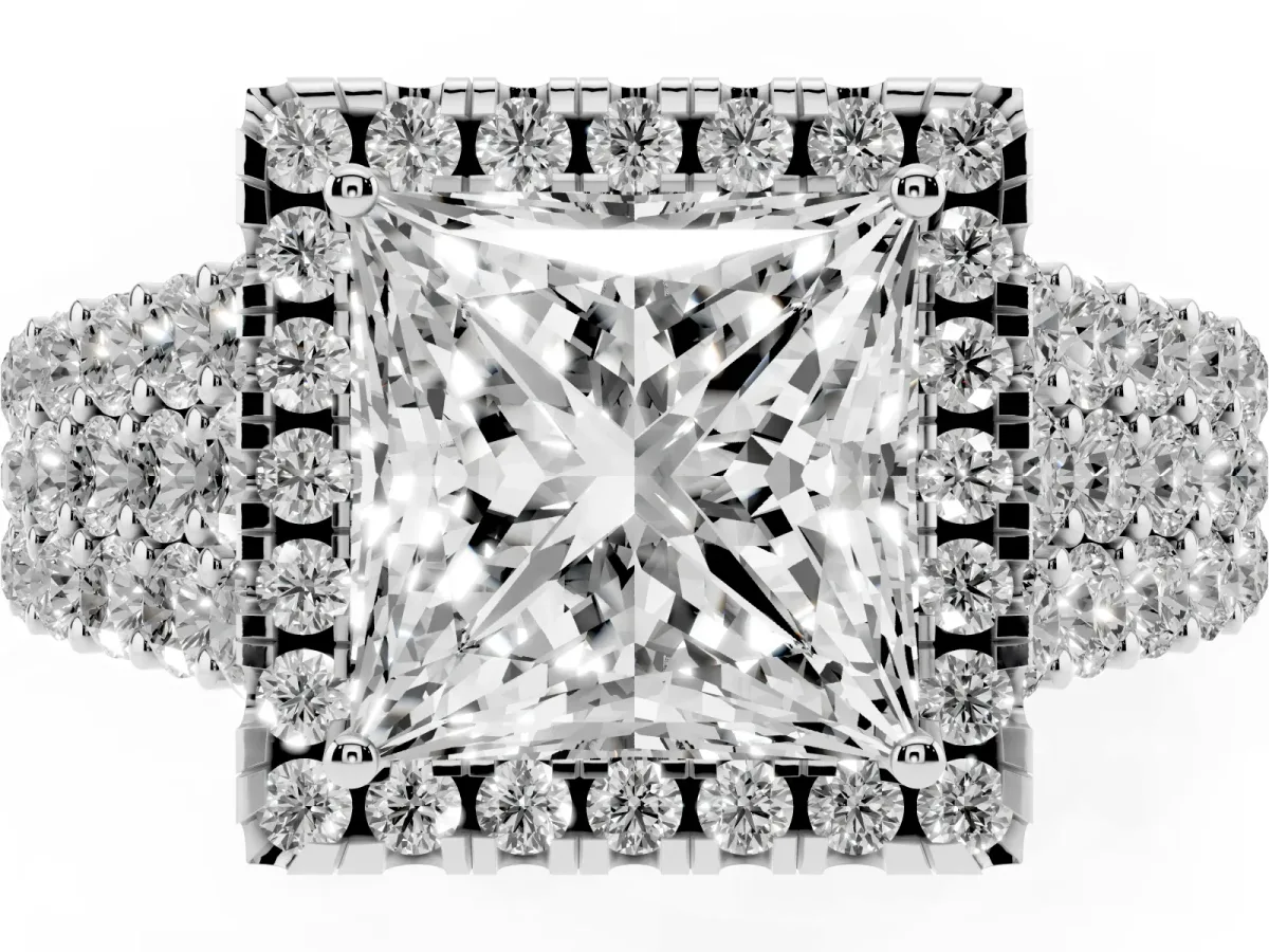 Princess Cut Diamond Halo Engagement Ring with Triple Row Round Pavé Band and Prong Setting White gold