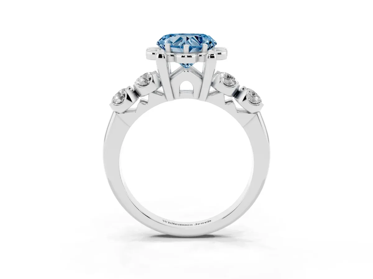 Fancy Blue Heart Cut Cut Diamond Floral Halo Engagement Ring with Shared Prong Setting Silver