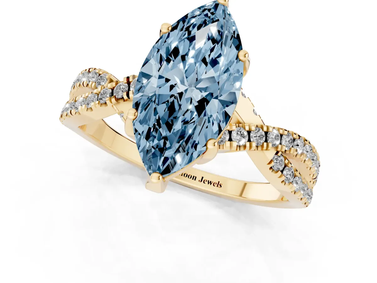 Fancy Blue Marquise Cut Solitaire Twist Pave Diamond Engagement Ring with Prong Setting Yellow gold