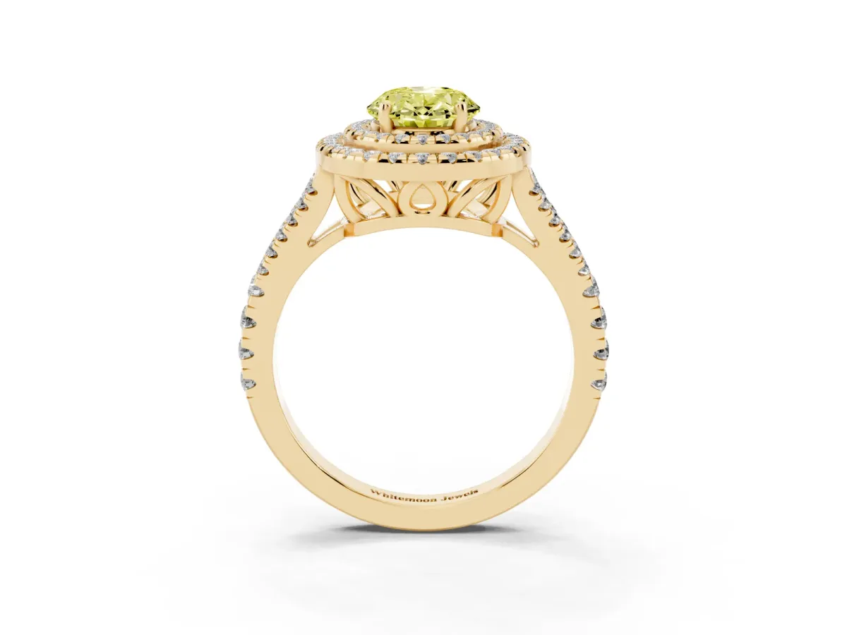 Fancy Yellow Oval Cut Diamond Double Halo Ring with Pavé Band and Prong Setting Yellow gold