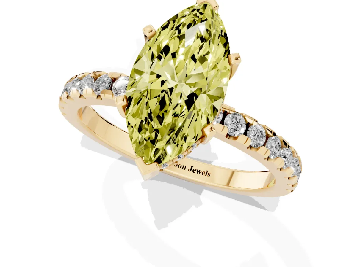Fancy Yellow Marquise Cut Diamond Solitaire Ring with Round Pavé Band and Four-Prong Setting Yellow gold