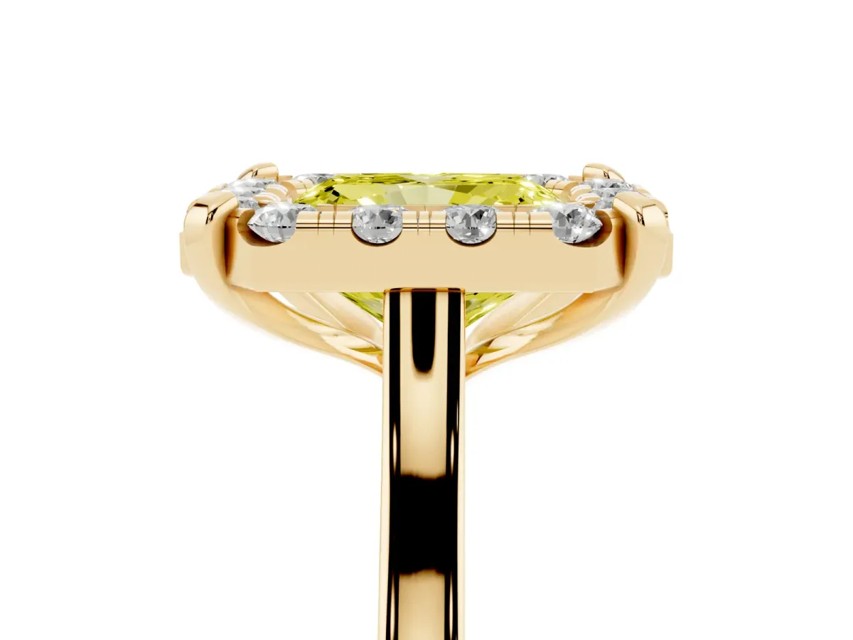 Fancy Yellow Radiant Cut Diamond Cluster Halo Solitaire with Four-Prong Setting Yellow gold