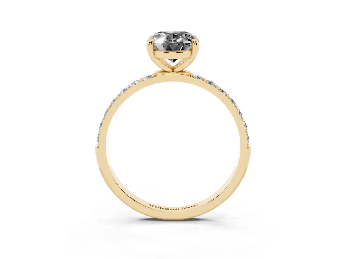 Fancy Black Oval Cut Diamond Solitaire Ring with Round Pavé Band and Prong Setting Yellow gold