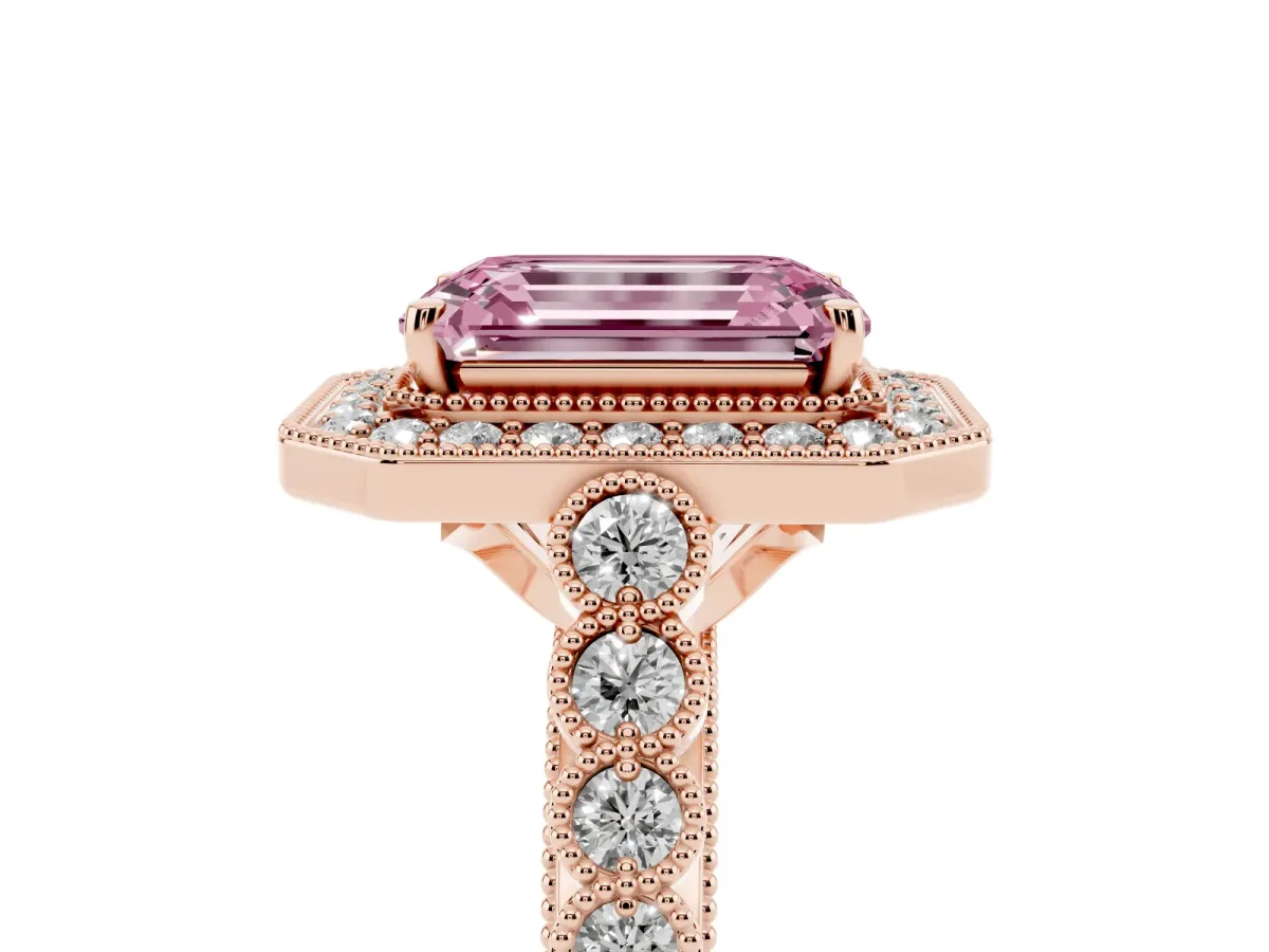 Fancy Pink Emerald Cut Halo Milgrain Solitaire with Bezel Set Side Stones and Pave Band Rose gold
