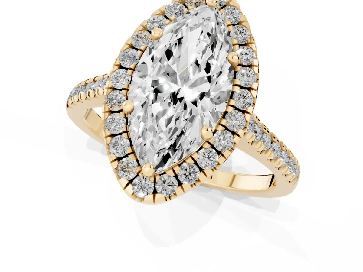 Marquise Cut Diamond Cushion Halo Ring with Pavé Band Yellow gold