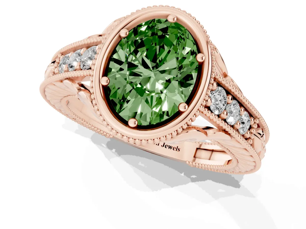 Fancy Green Bezel Set Oval Cut Diamond Milgrain Pave Engagement Ring Rose gold