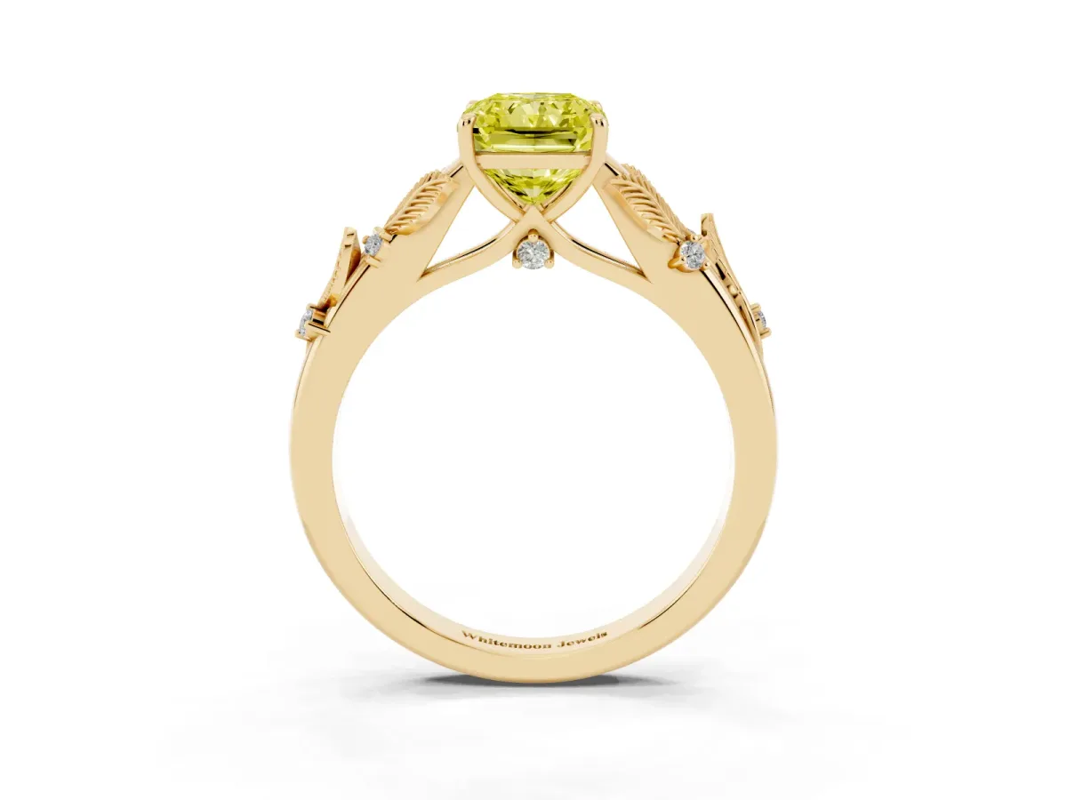 Fancy Yellow Radiant Cut Diamond Solitaire Ring with Leaf Motif Band and Four-Prong Setting Yellow gold