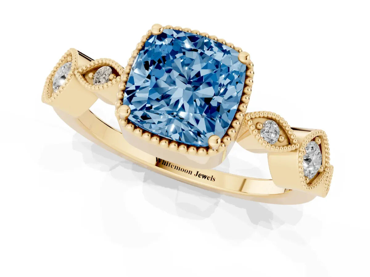 Fancy Blue Cushion Cut Diamond Vintage Milgrain Ring with Round Stations Yellow gold