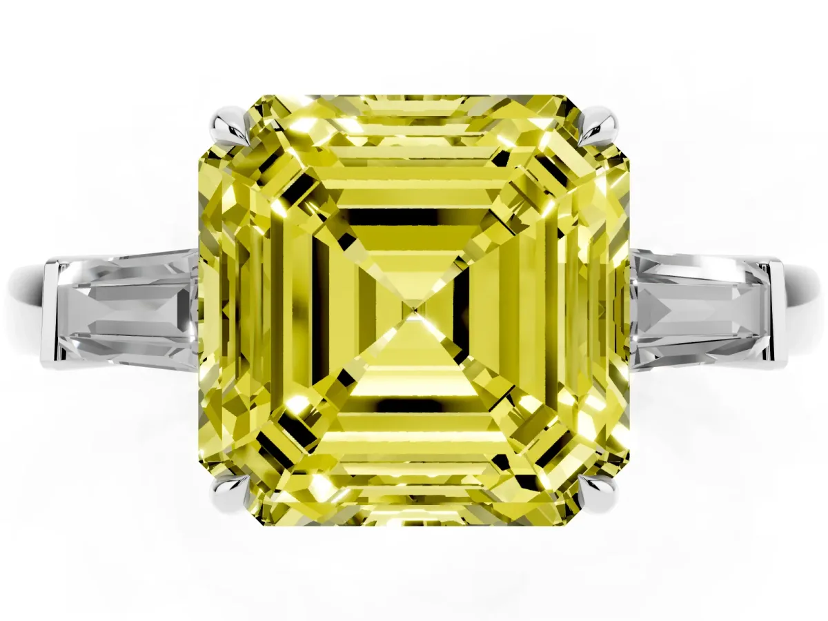 Fancy Yellow Asscher Cut Diamond Three-Stone Ring with Tapered Baguette Side Stones and Prong Setting Silver