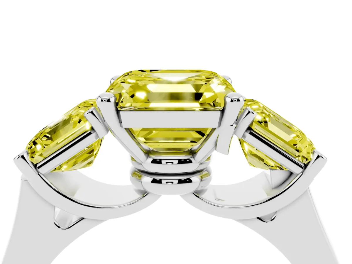 Fancy Yellow Three-Stone Asscher Cut Brilliant Diamond Trellis Ring with Comfort Fit Band Silver